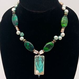 HANDMADE Chrysocolla Pearl Glass Abalone Silver Necklace w/Fairy Shell Pendant